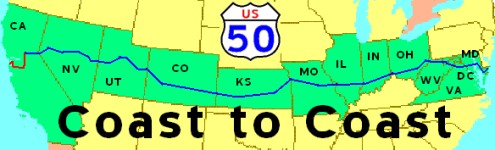 COAST to COAST on US 50. A Journey Across America on Route 50, 
also known as Highway 50. 
Travel by car from the Atlantic to the Pacific.